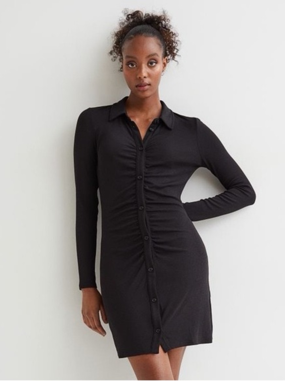 H&m Black Ruched Button-Down mini Dress
